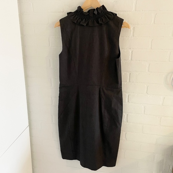 JOSEF Pencil Dress Pinstripe Charcoal Black/White Ruffled V neckline Luxury 10 - Picture 8 of 12